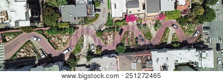 Panorama View Steep Hills And Sharp Curves One-way Road Lombard Street, San Francisco