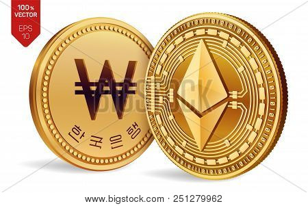 Ethereum. Won. 3d Isometric Physical Coins. Digital Currency. Korea Won Coin. Cryptocurrency. Golden