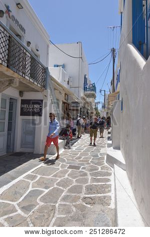 Picturesque Streets Very Narrow Full Of Shops In Chora Island Of Mikonos .arte History Architecture.