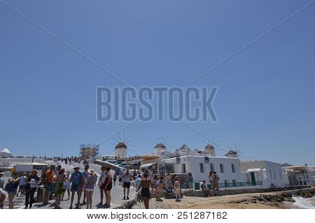 Windmills In Chora Island Of Mykonos .arte History Architecture.3 Of July 2018. Chora, Island Of Myk