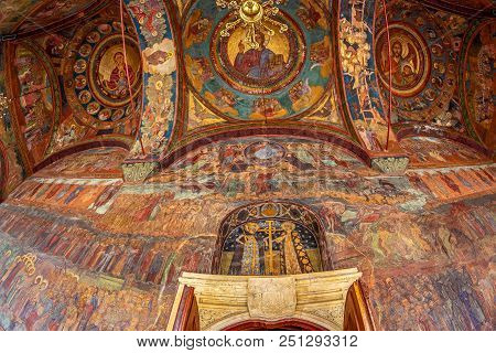 Bucharest, Romania - July 17, 2018: Detail Of External Frescoes At The Romanian Orthodox Patriarchal