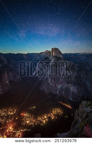 Starry Night Above Half Dome And Yosemite Valley In Yosemite National Park