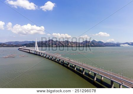 Aerial View Over The Bridge Houhai Bay To Hong Kong Island