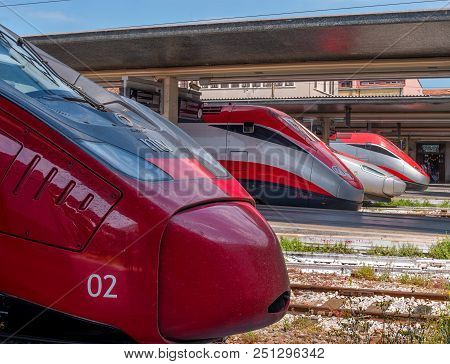Venice, Italy - 08 May 2018: Railway Station Of Venice. The Nose Of The Locomotives Standing In A Ro