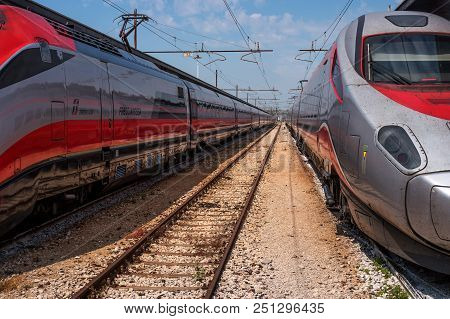 Venice, Italy - 08 May 2018: Two High-speed Trains Trenitalia At The Train Station Of Venice. Close-