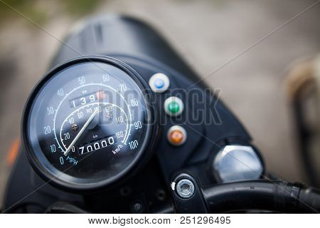 Close Up Shot With The Speedometer Of A Vintage Motorcycle.