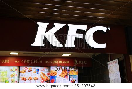 St. Petersburg, Russia - July 25, 2018: Kfc Fast Food Restaurant Logo And Menu. Kentucky Fried Chick