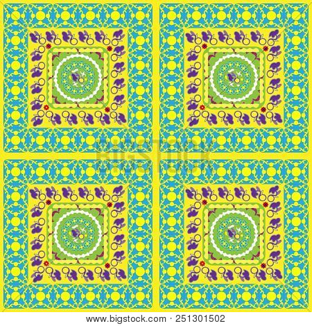 Yellow Seamless Pattern With Green And Blue Pattern