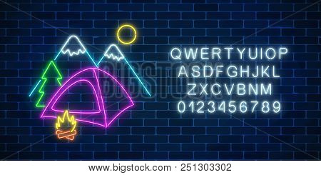 Neon Camping Sign With Tent, Bonfire, Mountains, Spruce And Alphabet. Glowing Web Banner For Summer 