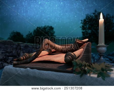 Jewish Holiday Background With Old Scroll Of Tora And Landscape Concept Photo