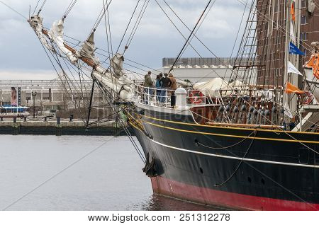 Boston, Massachusetts, Usa - April 13, 2008: Visitors Look Over Training Vessel Stad Amsterdam, A St