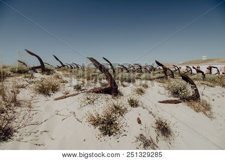 Anchor Cemetery In The Beach Praia Do Barril, Tavira, Algarve, Portugal.