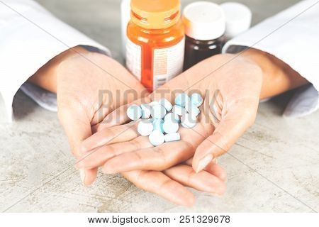 Close Up Pill On Hand. Will Take Many Pill.