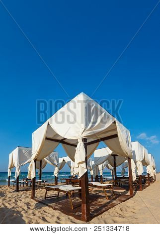 Luxury Beach Tents Canopies On Morning Paradise White Sandy Sea Beach