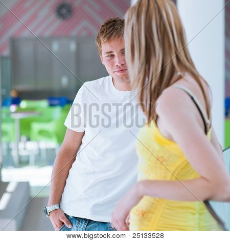 due studenti universitari parlando/flirt sul campus (shallow DOF, immagine a colori dai toni)