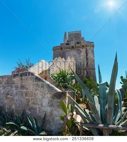 Picturesque Sunshiny Historical Fortification Tower Torre Colimena On Salento Ionian Sea Coast, Tara