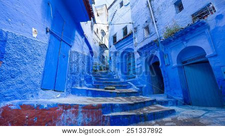 Chefchaouen , Morocco - April 2018: Beautiful Blue Medina Of Chefchaouen City In Morocco, North Afri