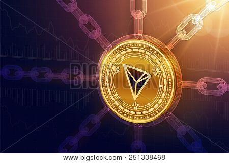Tron. Crypto Currency. Block Chain. 3d Isometric Physical Tron Coin With Wireframe Chain. Blockchain