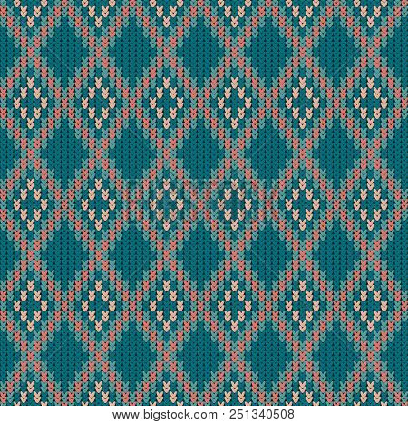 Knitted Woolen Seamless Jacquard Ornament. Vintage Blue Jacquard Pattern