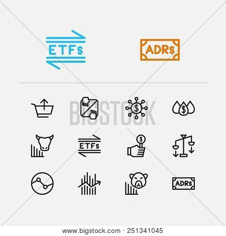 Finance Icons Set. Stock Sector And Finance Icons With Etfs, Bear Market And Adrs. Set Of Corporate 