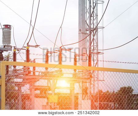 Power Transformer In High Voltage Switchyard In Modern Electric Substation, Power, Danger