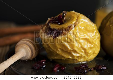 Tasty Baked Apples Stuffed With Honey And Dried Fruits, Healthy Nutrition, Delicious Sweet Food, Des