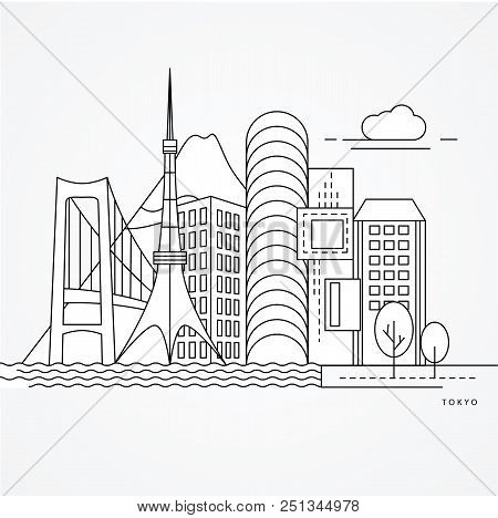 Linear Illustration Of Tokyo, Japan. Flat One Line Style. Trendy Vector Illustration. Architecture L