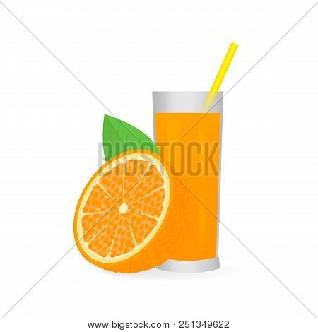 Fresh Orange Fruit With Leaf And Glass Of Juice Isolated On White Background. Healthy Lifestyle And 