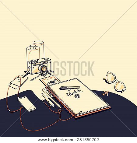 Traveler S Desktop. Still Life With Traveler S Things. Line Vector Illustration.