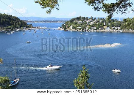 Oslo, Norway - July 22, 2018: View To Oslo Fjord. Two Islands Ormoya And Malmoya Connected To The Ma