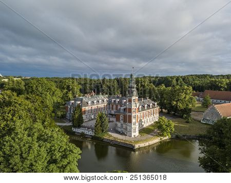 Aerial View Of Hvedholm Castle Near Faaborg On The Island Of Funen In Denmark