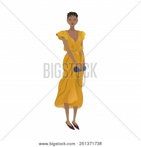 2018 Fashion Model In A Trendy Summer Outfit. Fashionable Girl In A Yellow Wraparound Dress Holding 