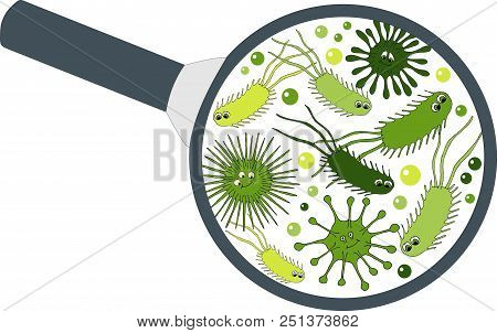 Bacterial Microorganism In A Magnifier. Bacteria And Germs Colorful Set, Micro-organisms, Bacteria, 