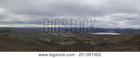 Colorful Wide Panorama, Panoramic View On Volcanic Landscape In Lakagigar, Laki Volcano Crater Chain