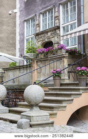 Mariacka Street, Typical Decorative Stoop With Stone Stairs, Fronts Of Colorful Tenements, Main City