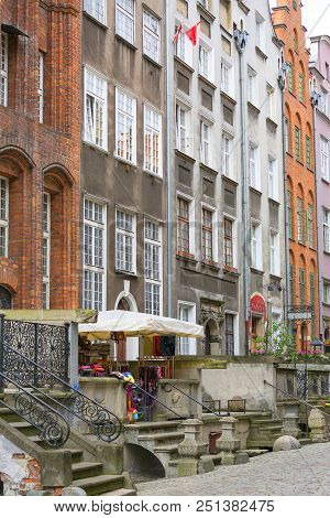 Gdansk, Poland - June 5, 2018: Mariacka Street, Typical Decorative Stoop With Stone Stairs, Fronts O