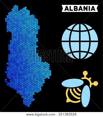 Blue Hexagon Albania Map. Geographic Map In Blue Color Tones On A Black Background. Vector Mosaic Of