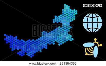 Blue Hexagon Chinese Inner Mongolia Map. Geographic Map In Blue Color Variations On A Black Backgrou