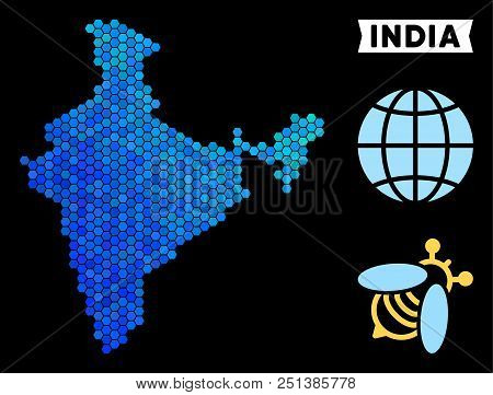 Hexagon Blue India Map. Geographic Map In Blue Color Tinges On A Black Background. Vector Collage Of