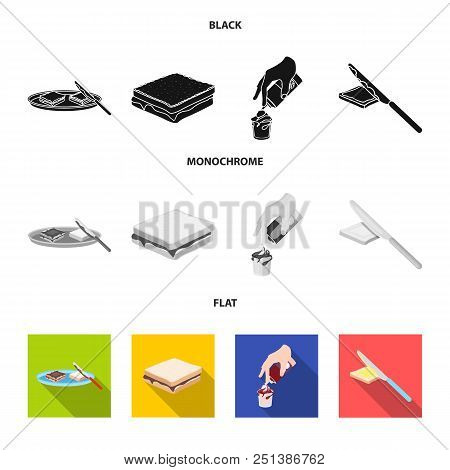 Dessert With Cream, A Sandwich And Other Food. Food Set Collection Icons In Black, Flat, Monochrome 