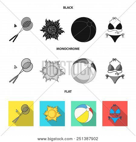 A Game Of Badminton, A Ball And The Sun.summer Vacation Set Collection Icons In Black, Flat, Monochr