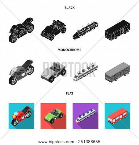 Motorcycle, Golf Cart, Train, Bus. Transport Set Collection Icons In Black, Flat, Monochrome Style V