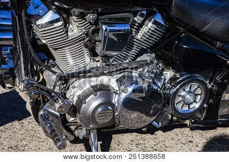 Tolyatti, Russia, May 09, 2018: Show Of Bikers Dedicated To Victory Day. Shiny Chrome Motorcycle Eng