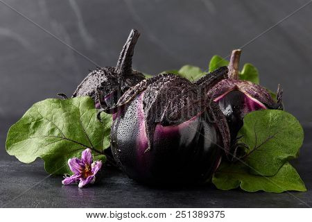 Fresh Eggplant With Green Leaves And Purple Flower Close Up On Dark Stone Background