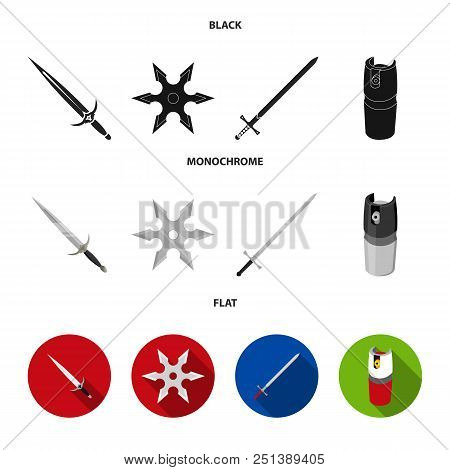 Sword, Two-handed Sword, Gas Balloon, Shuriken. Weapons Set Collection Icons In Black, Flat, Monochr
