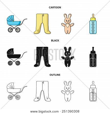 Stroller, Bottle With A Pacifier, Toy, Sliders.baby Born Set Collection Icons In Cartoon, Black, Out