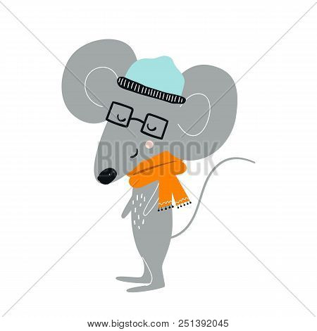 Cute Hand Drawn Nursery Poster With Cartoon Cool Mouse Animal With Glasses And Knitted Scarf. Vector