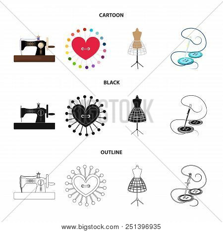 Needle And Thread, Sewing Machine, Pincushion, Dummy For Clothing. Sewing And Equipment Set Collecti