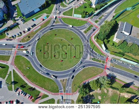 Roundabout Intersection In Five Directions With Island, Aerial View.