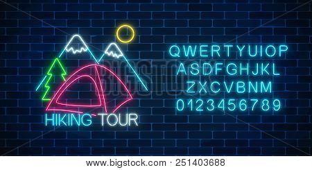 Neon Hiking Tour Sign With Tent, Bonfire, Mountains And Spruce. Glowing Web Banner For Summer Camp, 